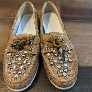 Donald J. Pliner Ibiza Tan‎ Cork Upper Boat Shoes silver studded.  Size 5.5